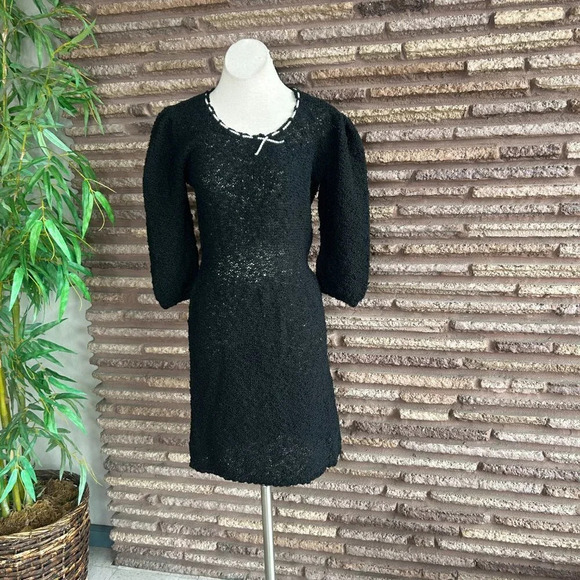 Vintage Black Boucle Handknit Dress Rhinestone Ribbon Detail - Picture 10 of 10